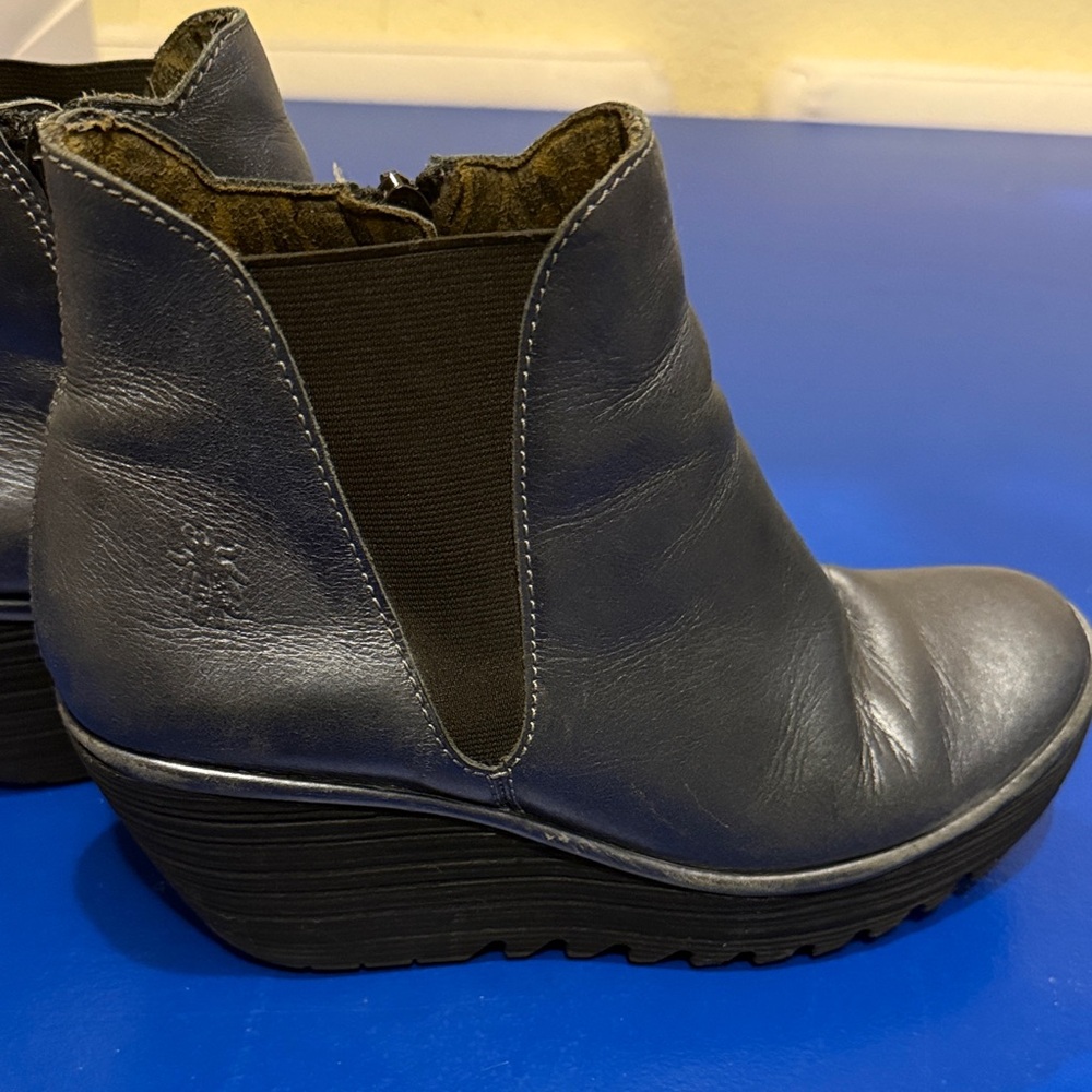 Fly London Woss Metallic Leather Ribbed Platform Wedge Ankle Boots EU 40 GUC